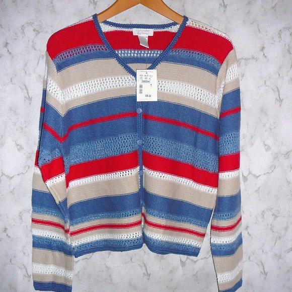 Cardigan Sweater Cotton Red Blue Striped M NWT - Picture 1 of 8